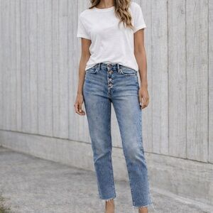 MOTHER Fly Cut Stunner Ankle Jeans Button Fly Frayed Hem| Mid-Wash | 29